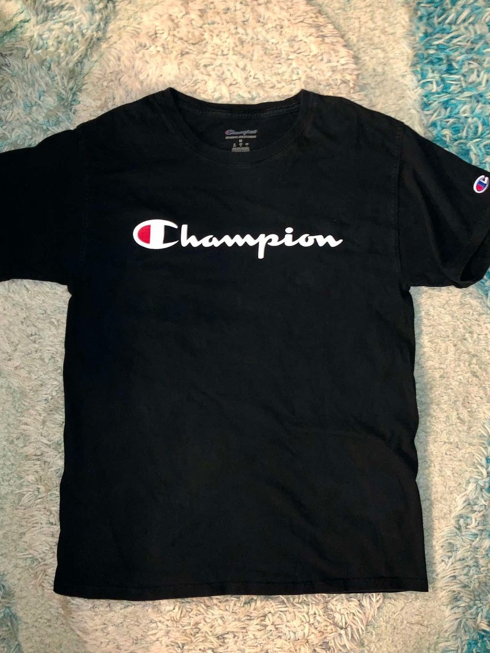 Champion Black T-Shirt with White Script Logo and Red Accent - Picture 1 of 4